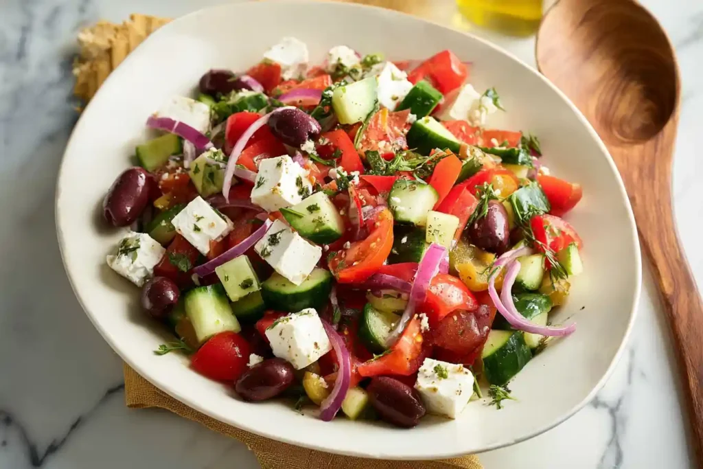 A vibrant Greek Salad featuring fresh chopped tomatoes, cucumbers, red onion, Kalamata olives, and a generous block of feta cheese, drizzled with olive oil.
