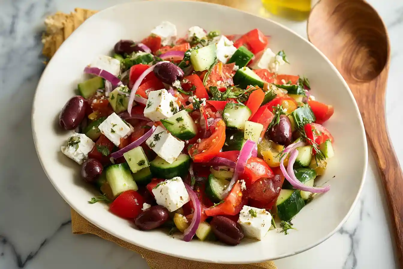 A vibrant Greek Salad featuring fresh chopped tomatoes, cucumbers, red onion, Kalamata olives, and a generous block of feta cheese, drizzled with olive oil.