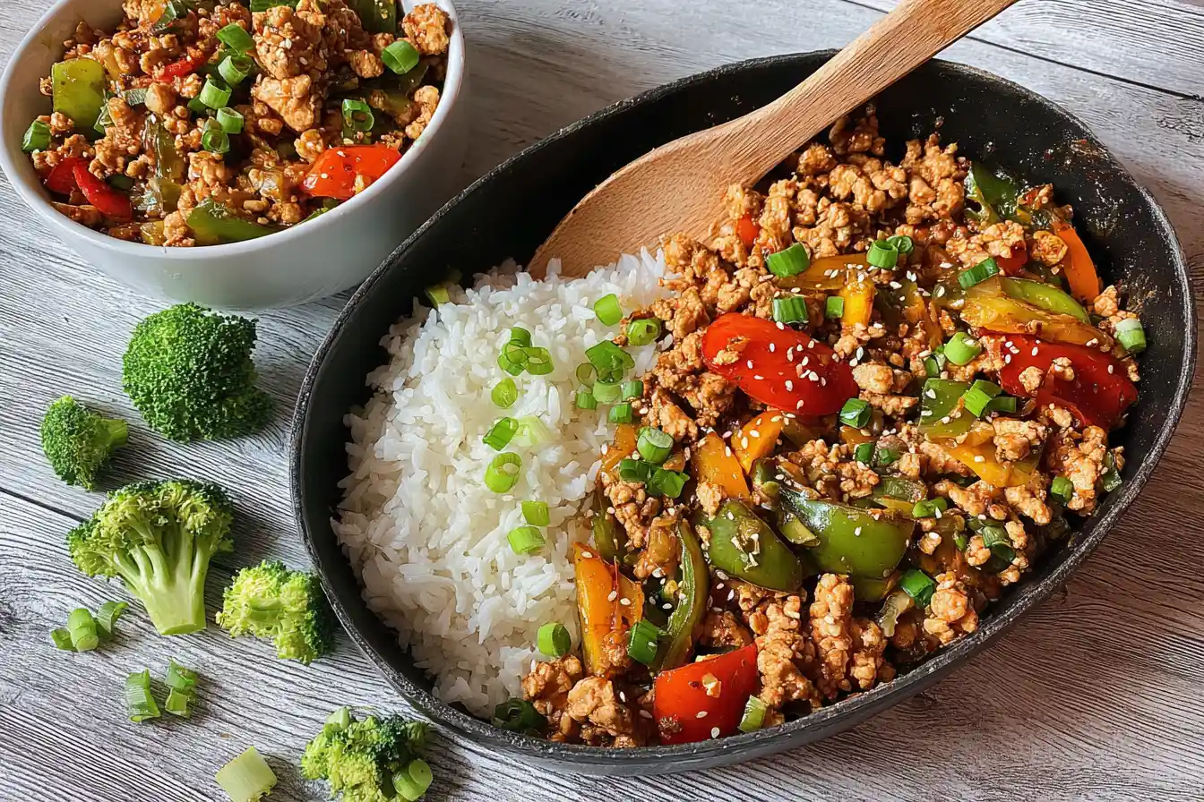 A close-up view of a vibrant ground chicken stir fry with mixed vegetables like broccoli, carrots, and bell peppers in a dark bowl.