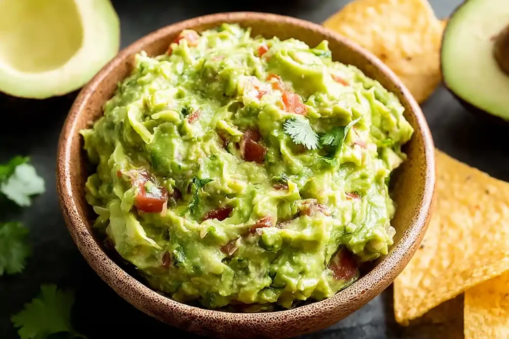 A vibrant green bowl of homemade guacamole is surrounded by fresh ingredients like avocados, lime, cilantro, and red onion, showcasing a delicious Guacamole Recipe.