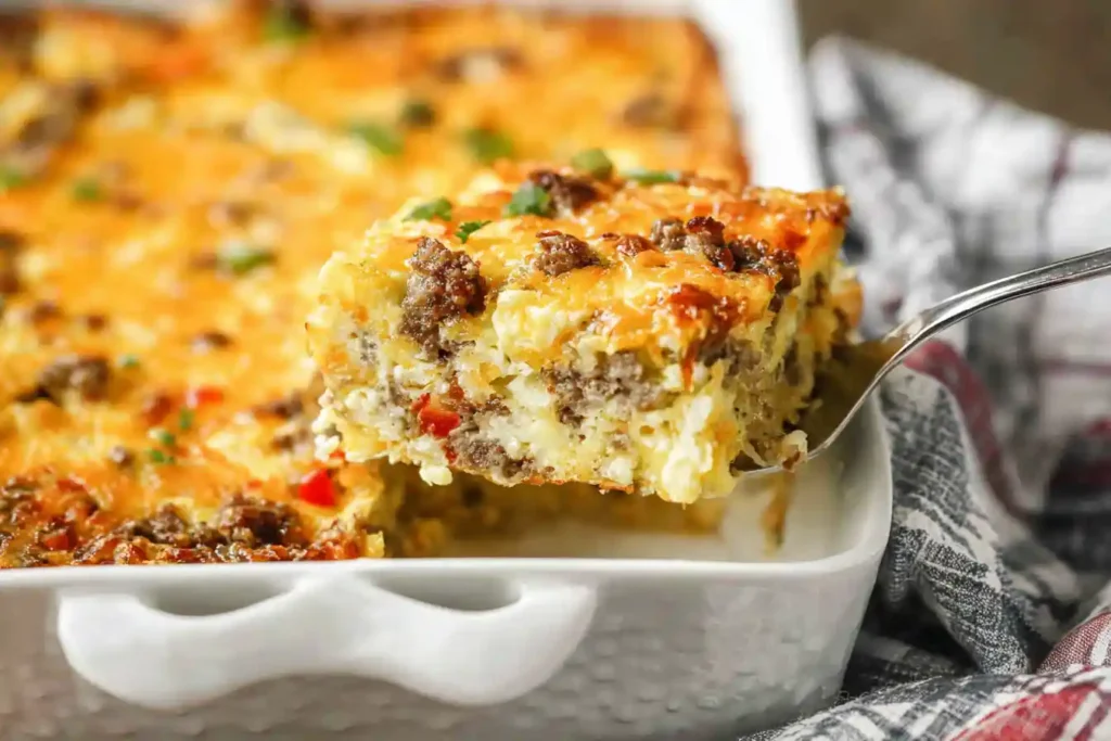 A golden Hashbrown Breakfast Casserole, baked to perfection in a white dish, is ready to be served.