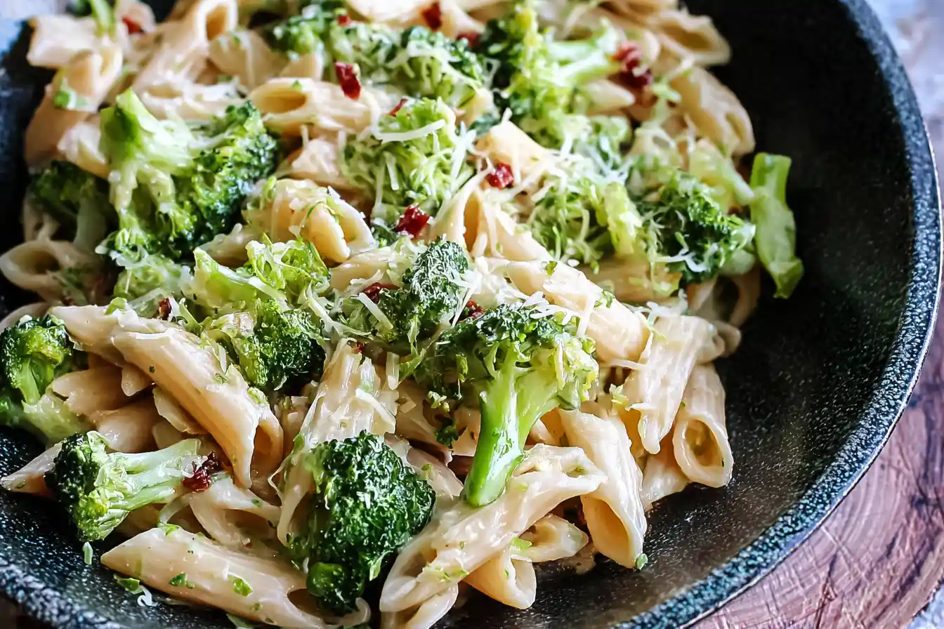 A vibrant bowl of Healthy Broccoli Pasta is presented on a table, garnished with fresh herbs and a sprinkle of cheese.
