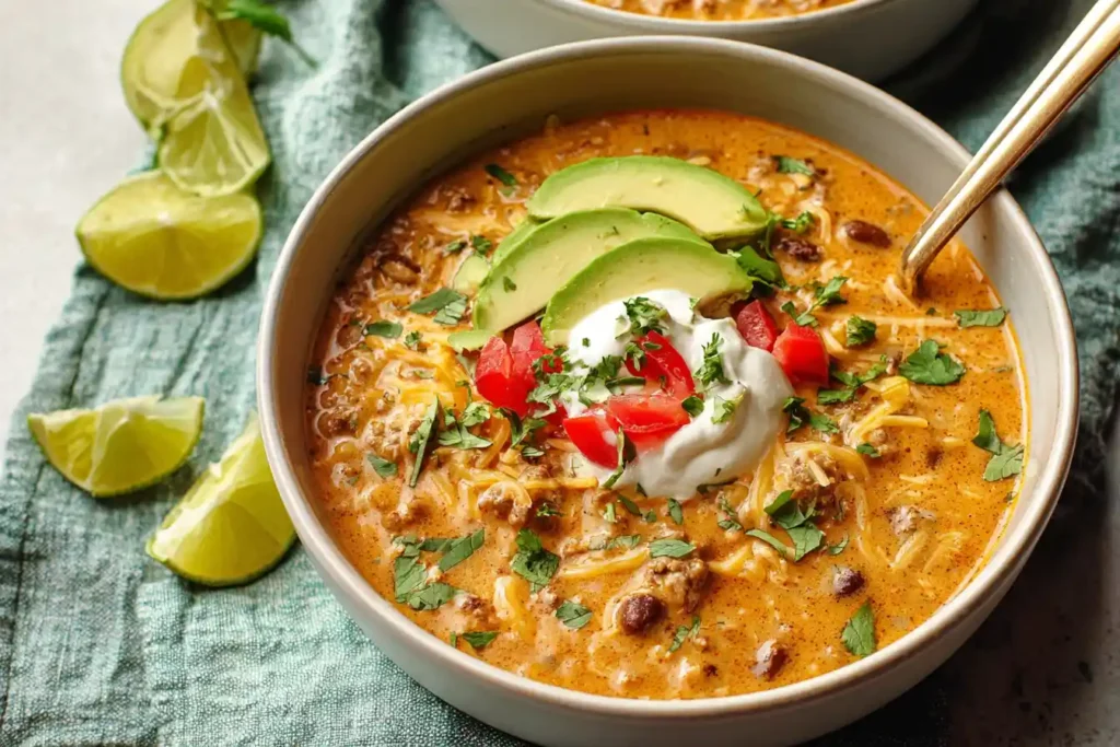 A vibrant bowl of High Protein Creamy Taco Soup is shown from above, garnished with a swirl of sour cream, fresh cilantro, and crispy tortilla strips.
