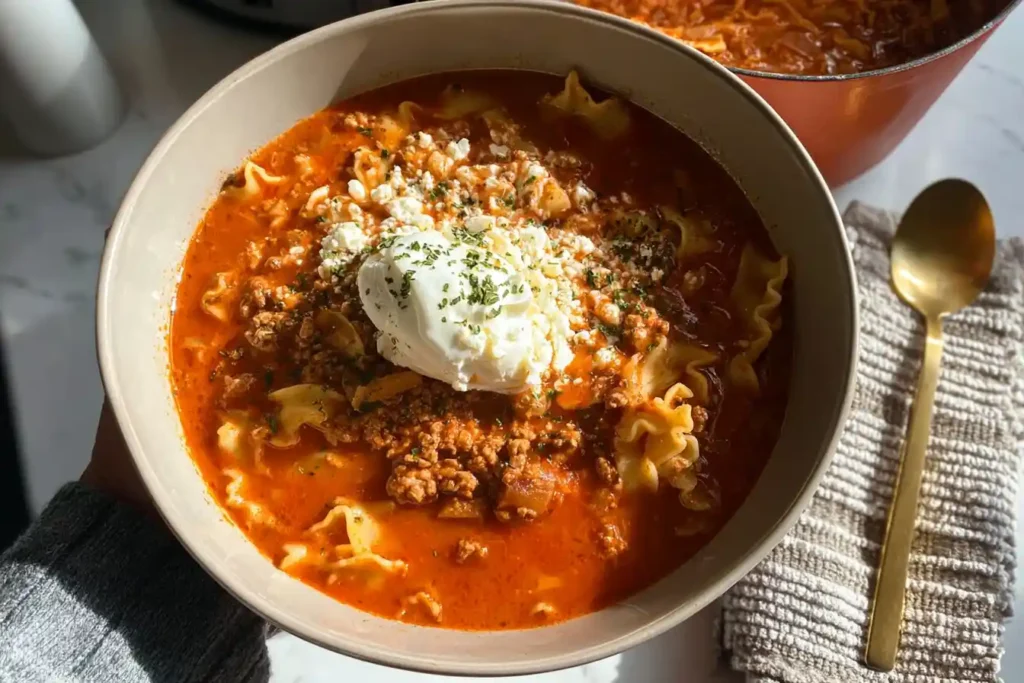 A close-up shot of a steaming bowl of High Protein Lasagna Soup, garnished with fresh basil and a dollop of creamy ricotta cheese.