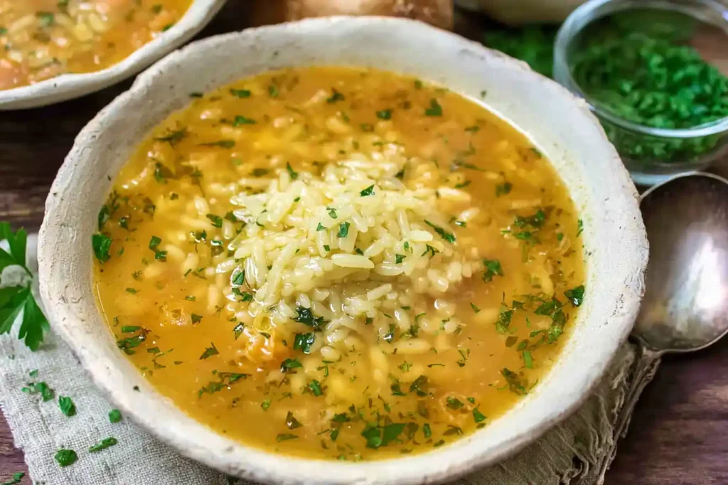 A comforting bowl of steamy Italian penicillin soup with small pasta and fresh parsley, ready to provide warmth and solace.