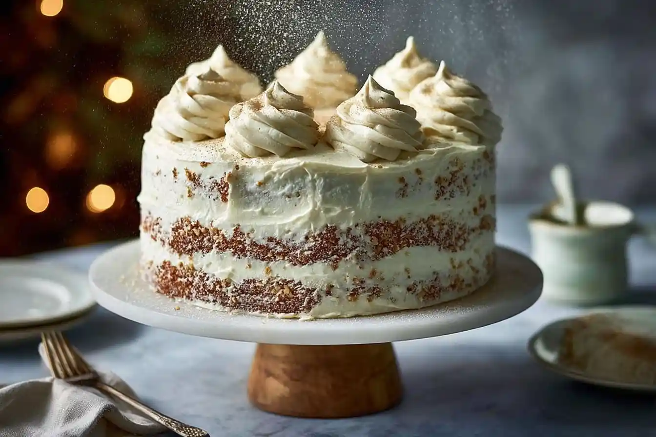 A beautifully decorated Layer Christmas Eggnog Cake with creamy white frosting and festive garnishes sits on a white cake stand.