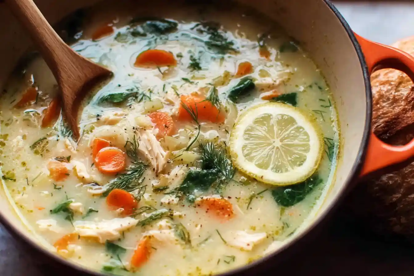 A steaming bowl of comforting Lemon Chicken Soup, garnished with fresh lemon slices and herbs, perfect for a cold day.