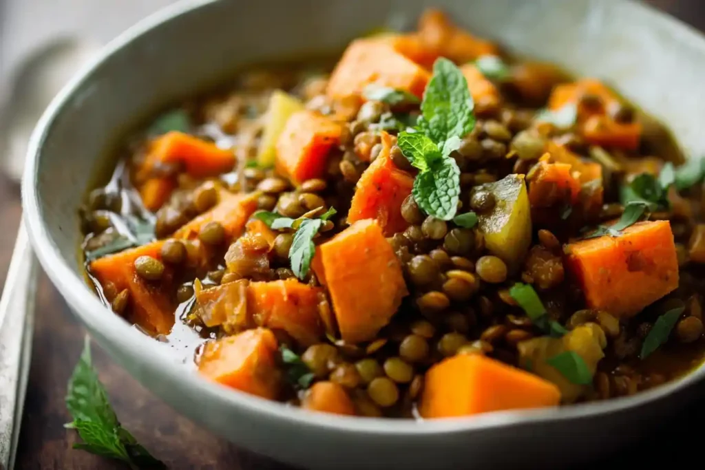 A vibrant bowl of Lentil and Sweet Potato Stew, garnished with fresh green herbs, is presented on a rustic wooden surface.