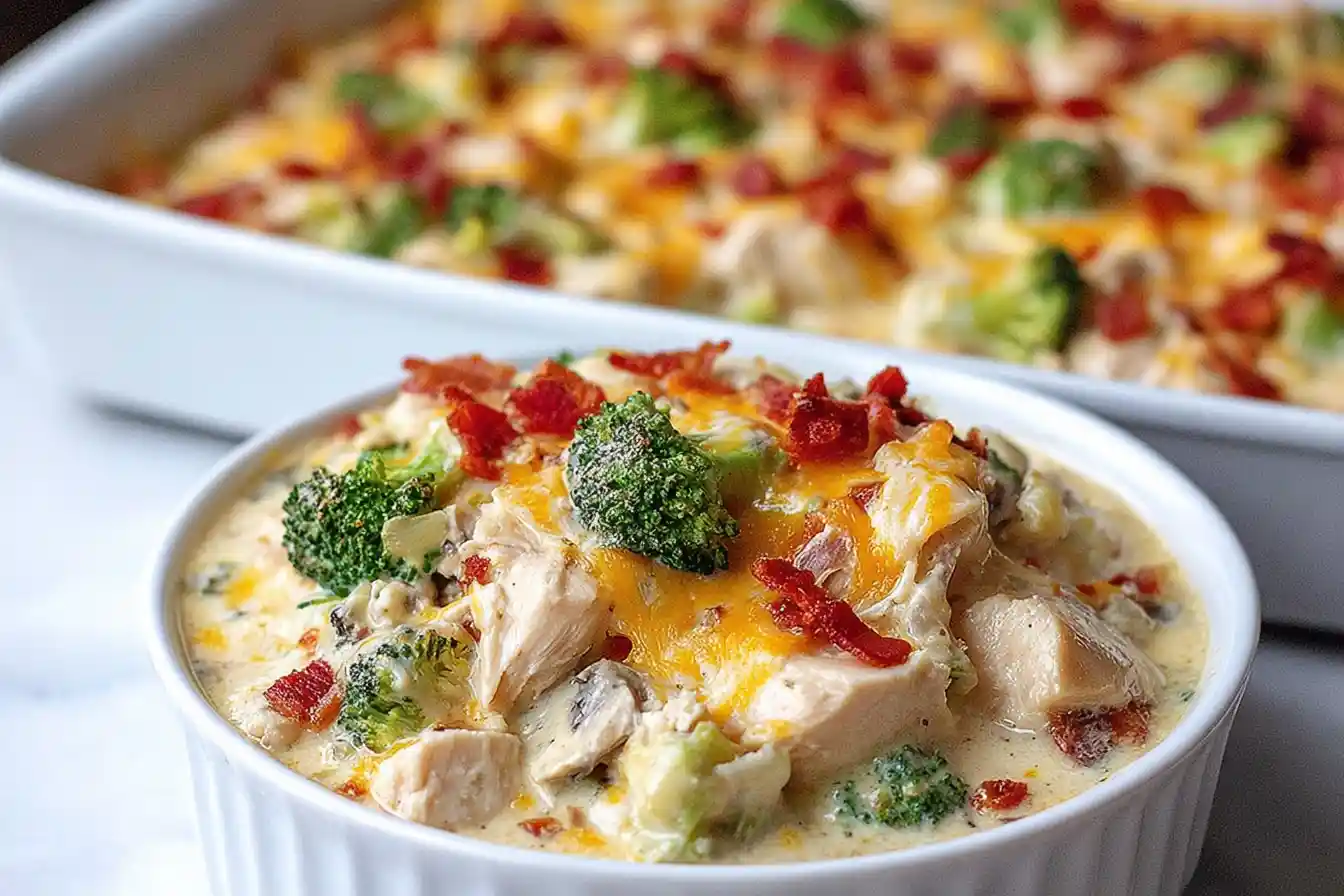 A bubbling, golden-brown Low Carb Chicken Casserole topped with melted cheese and fresh herbs in a white baking dish.