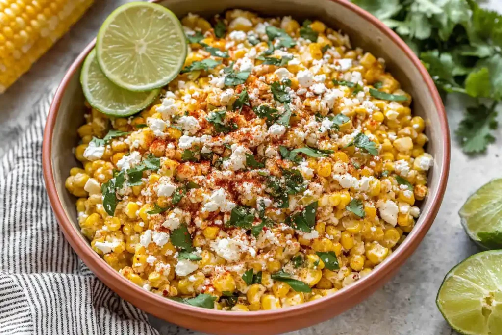 A close-up shot of a vibrant Mexican Street Corn Salad in a white bowl, garnished with fresh cilantro and a lime wedge.