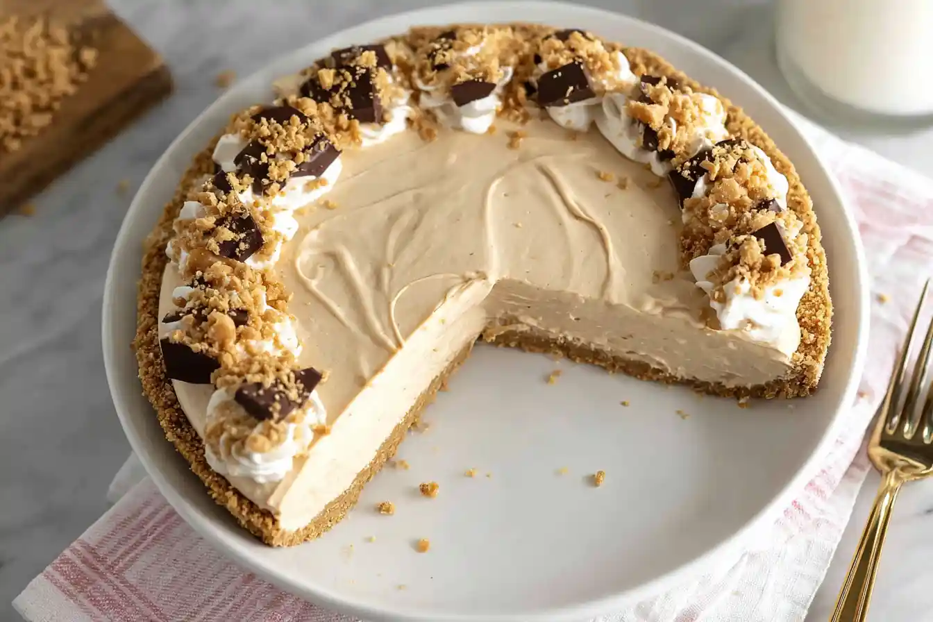 A delicious slice of No Bake Peanut Butter Pie with a thick, creamy filling and a dark chocolate crust sits on a white plate.