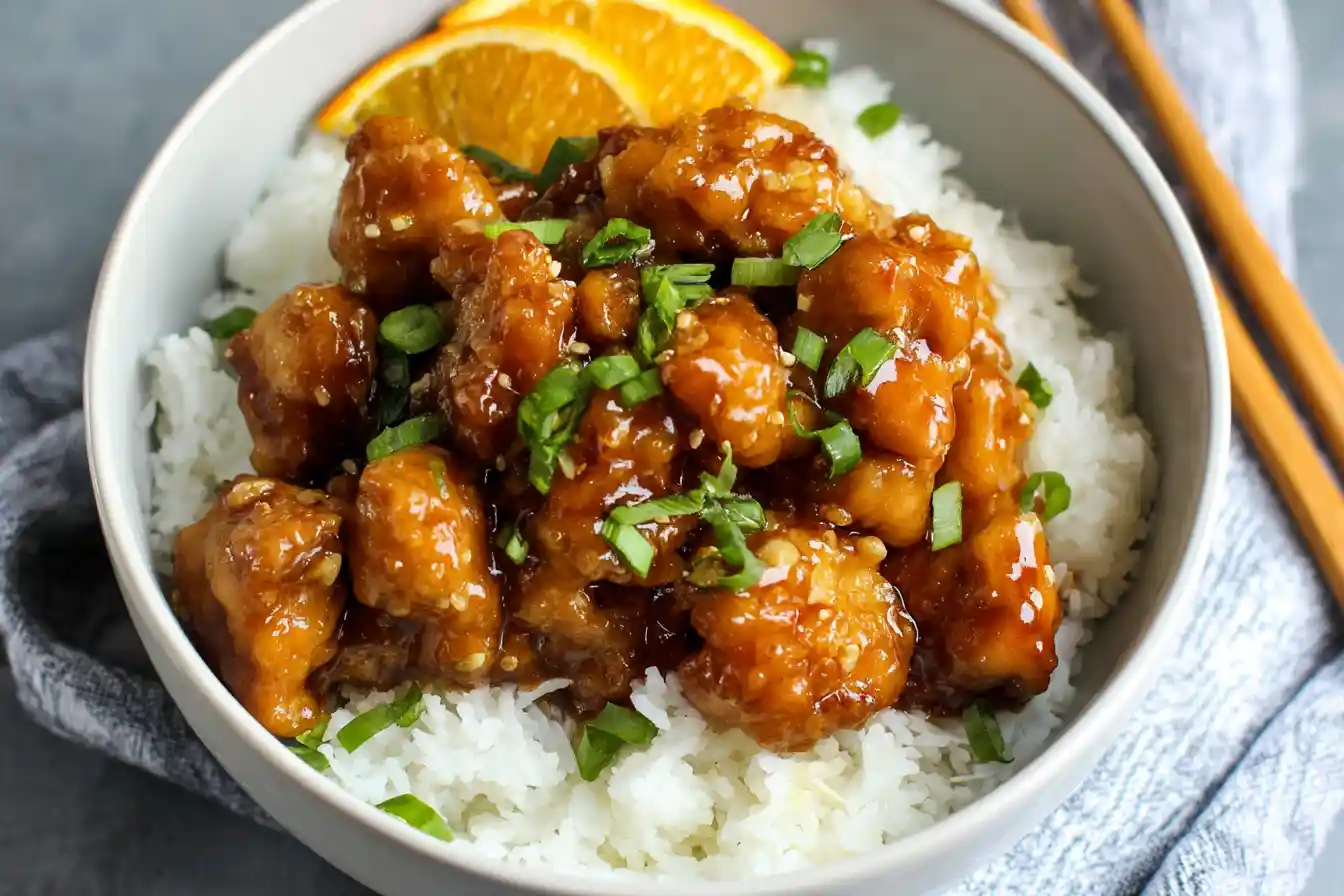 A close-up shot of glistening Orange Chicken pieces garnished with sesame seeds and chopped green onions in a white bowl.