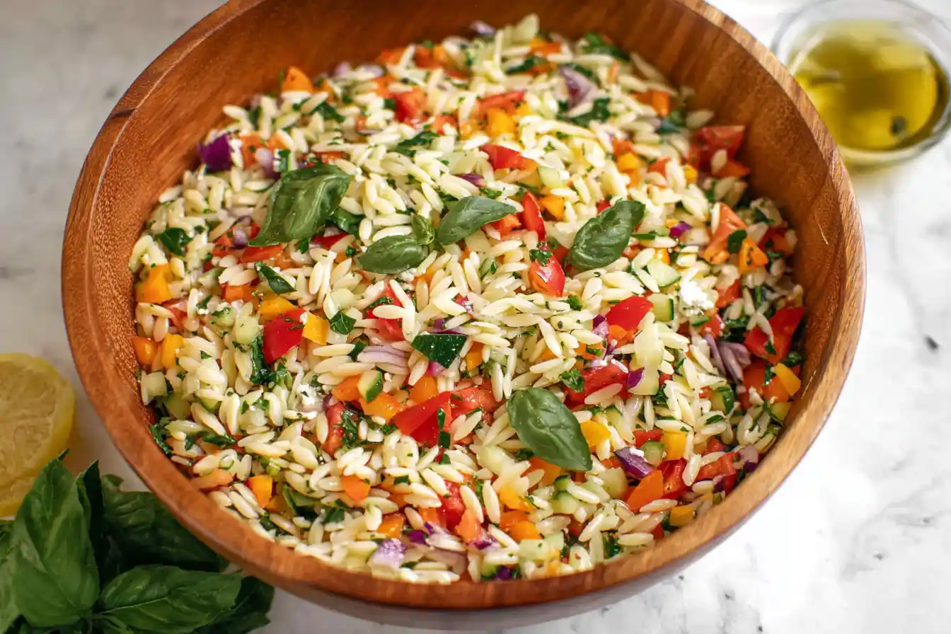 A vibrant Orzo Salad, brimming with fresh vegetables and herbs, is beautifully presented in a white serving bowl.