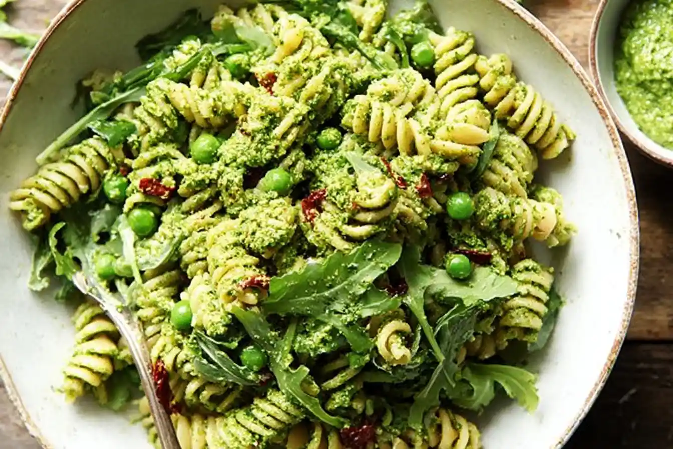 A vibrant bowl of Pea and Arugula Pesto Pasta Salad, garnished with fresh herbs and cherry tomatoes, sits on a rustic wooden surface.