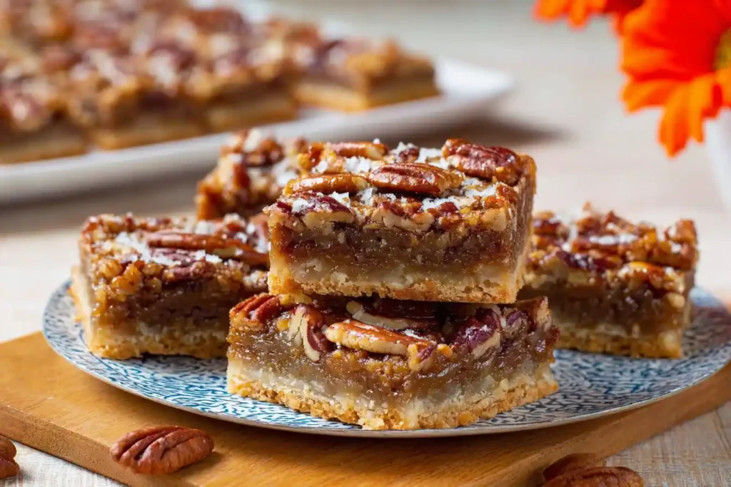 A close-up shot of golden-brown Pecan Pie Bars, glistening with a sweet filling and topped with whole pecans, arranged neatly on a serving platter.