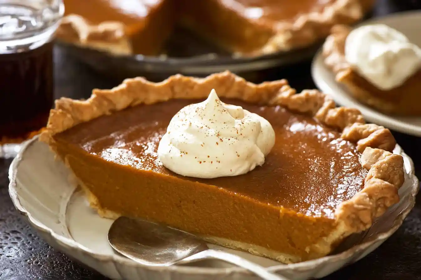 A beautifully baked Pumpkin Pie, golden-brown and topped with whipped cream, sits ready to be served on a rustic table.
