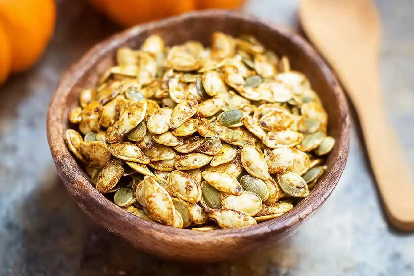 A close-up shot of perfectly toasted and seasoned pumpkin seeds spilling from a rustic wooden bowl, highlighting the potential for various pumpkin seed recipes.