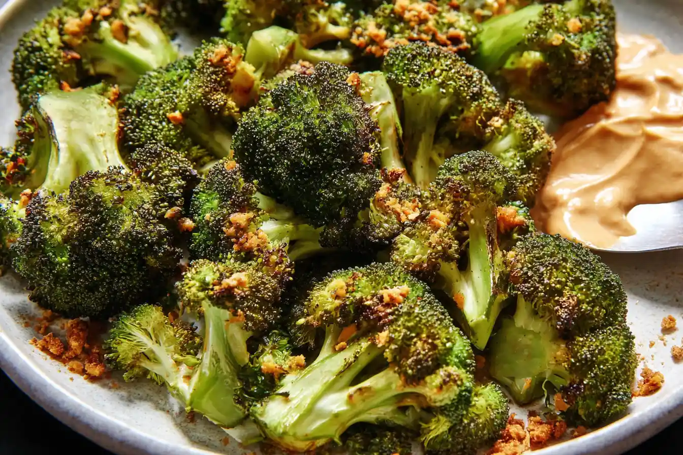 A close-up of beautifully charred and seasoned Roasted Broccoli florets on a white plate.