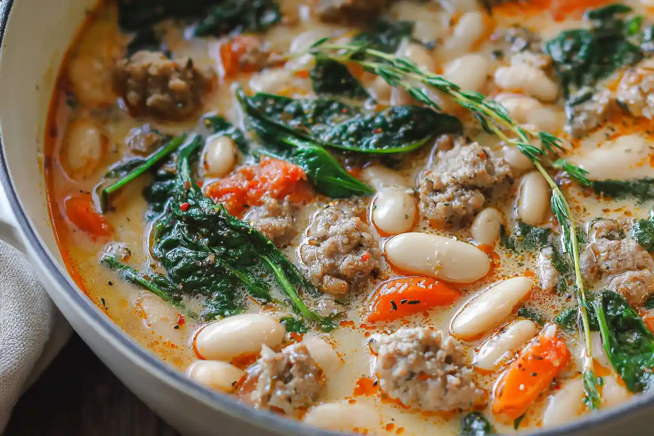 A close-up shot of a steaming bowl of hearty Sausage and White Bean Soup garnished with fresh herbs and a drizzle of olive oil.