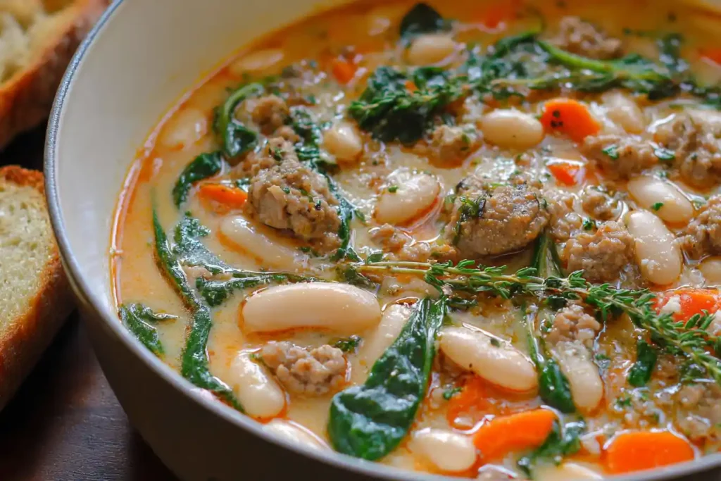 A rustic bowl of hearty Sausage and White Bean Soup, garnished with fresh herbs and a drizzle of olive oil, set on a dark wooden surface.
