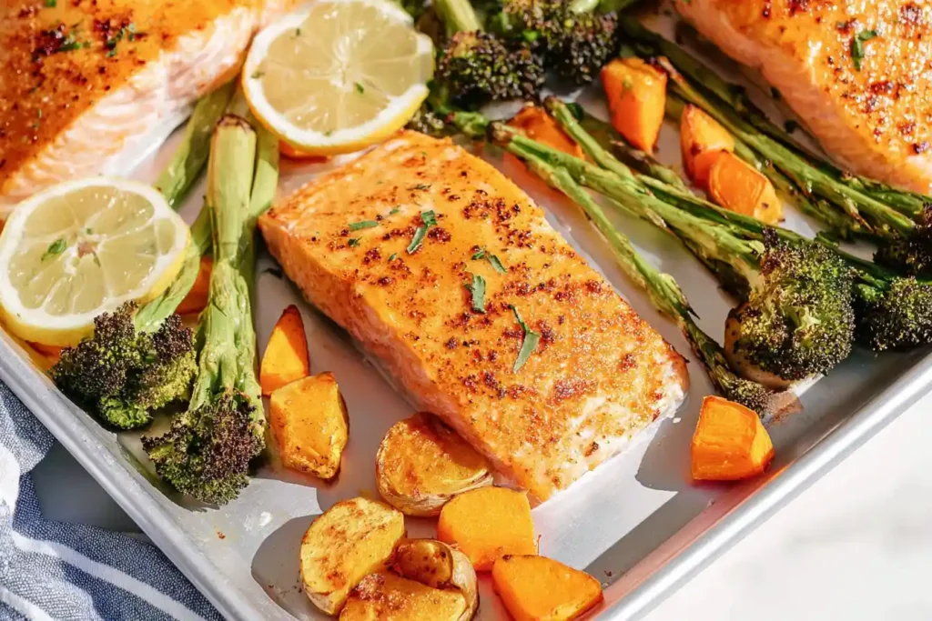 A close-up shows perfectly cooked Sheet Pan Maple Dijon Glazed Salmon fillets alongside roasted broccoli and sweet potatoes, garnished with fresh herbs.