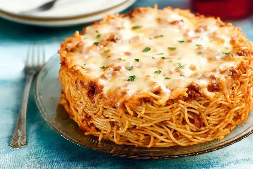 A close-up shot of a golden-brown Spaghetti Pie, showing a slice revealing layers of pasta, meat sauce, and melted cheese.