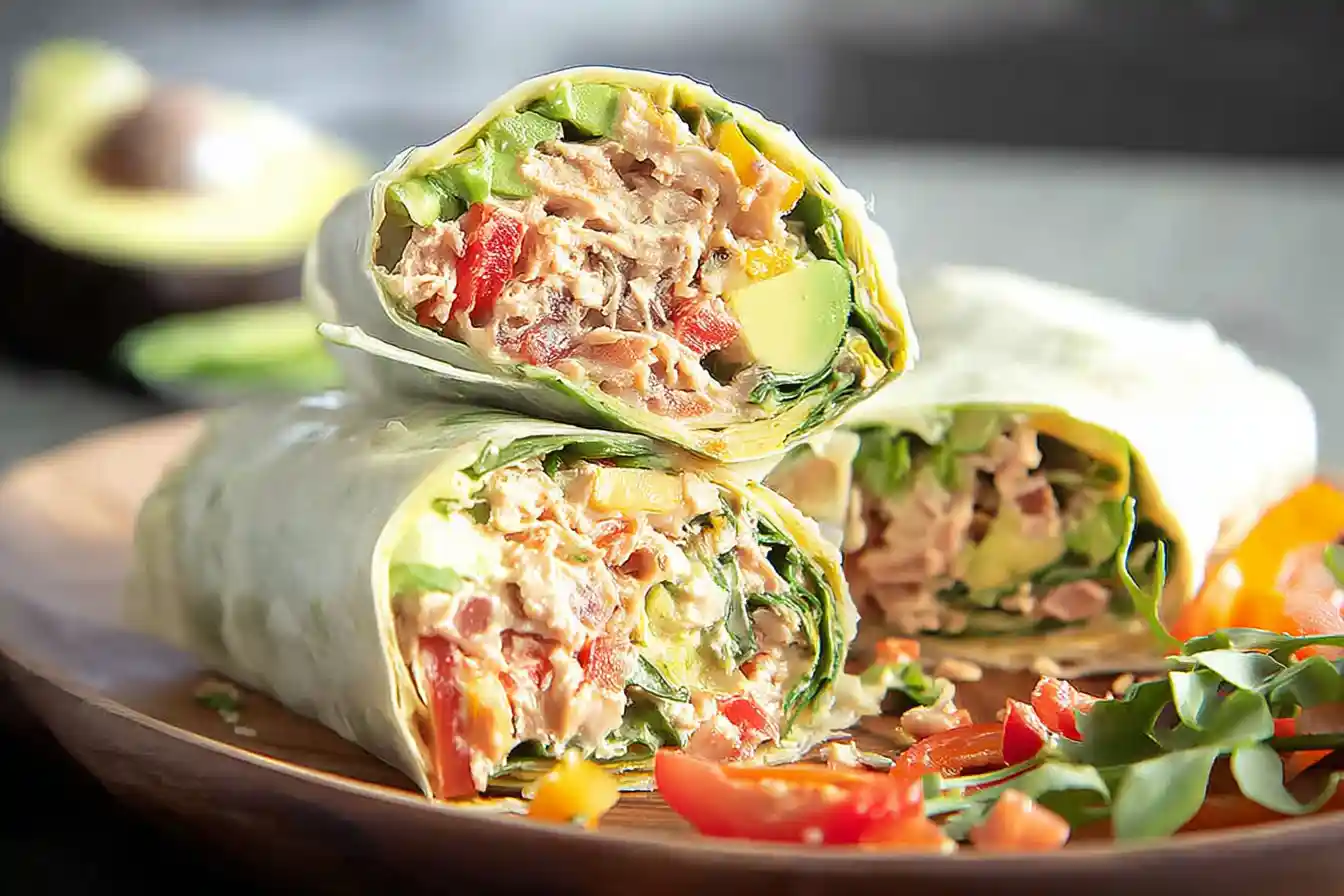 A close-up shot of a freshly prepared Spicy Tuna Avocado Wrap, sliced in half to reveal its vibrant ingredients.