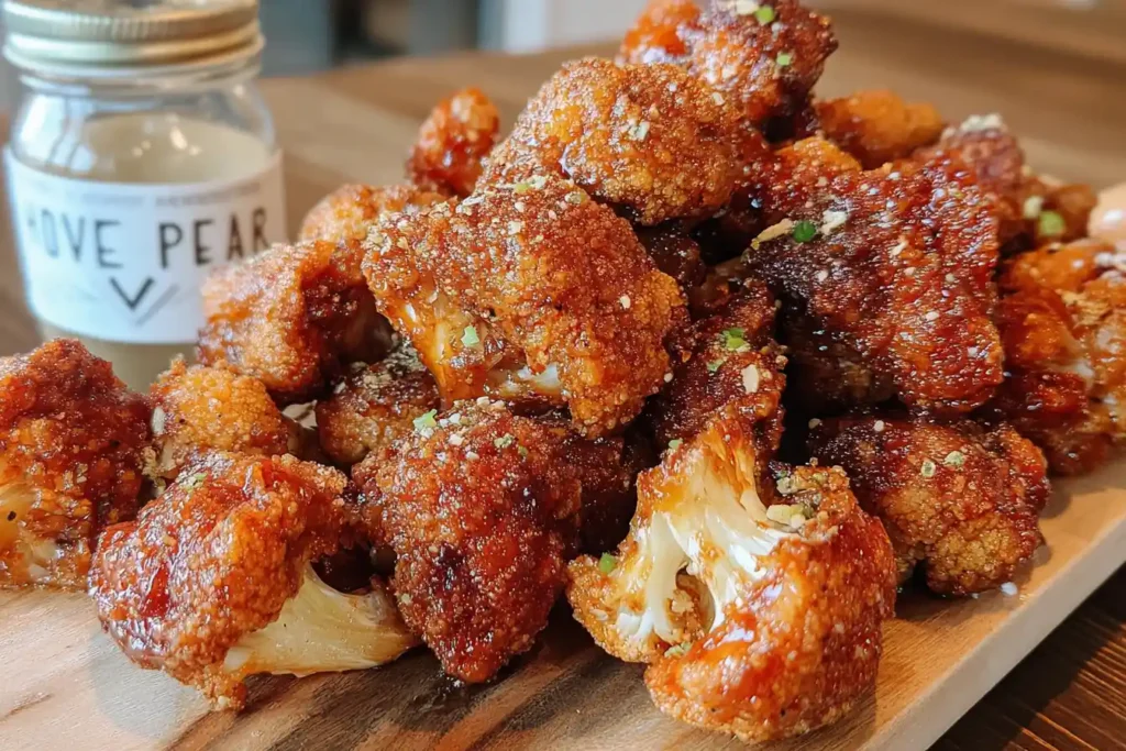 A close-up shows several glossy Sticky Honey Garlic Cauliflower Wings piled on a rustic plate, garnished with fresh chives.