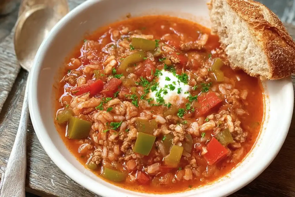 A steaming bowl of hearty stuffed pepper soup, rich in color with visible ground meat and rice, garnished with fresh herbs.