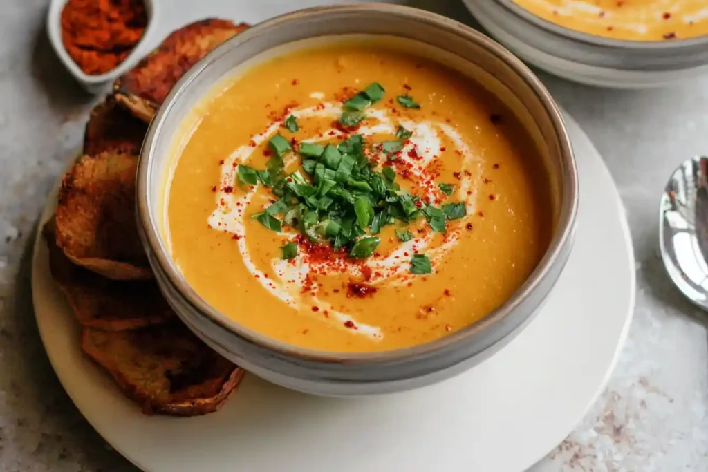 A vibrant bowl of creamy Sweet Potato Soup is garnished with fresh herbs and a drizzle of coconut milk.