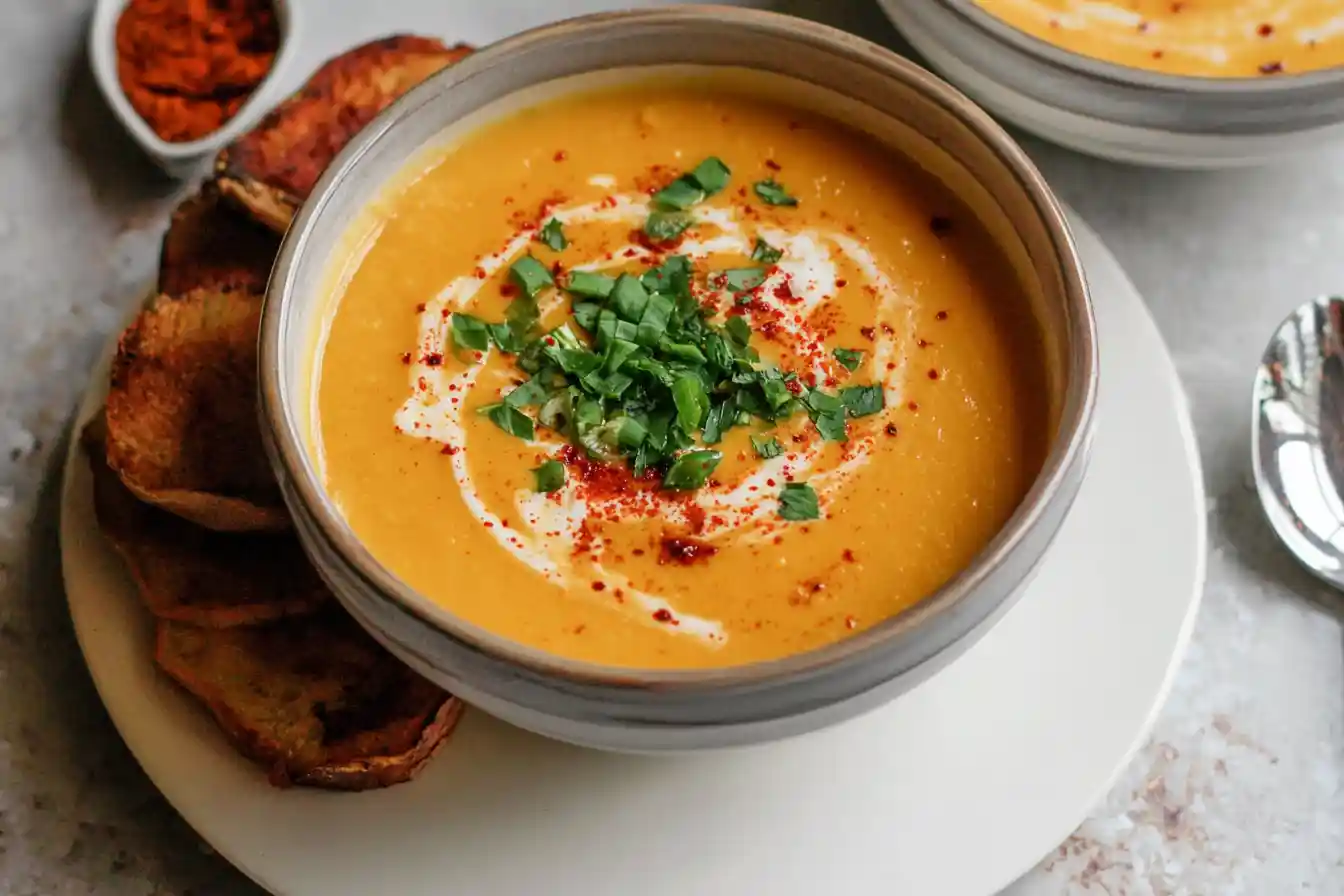 A vibrant bowl of creamy Sweet Potato Soup is garnished with fresh herbs and a drizzle of coconut milk.