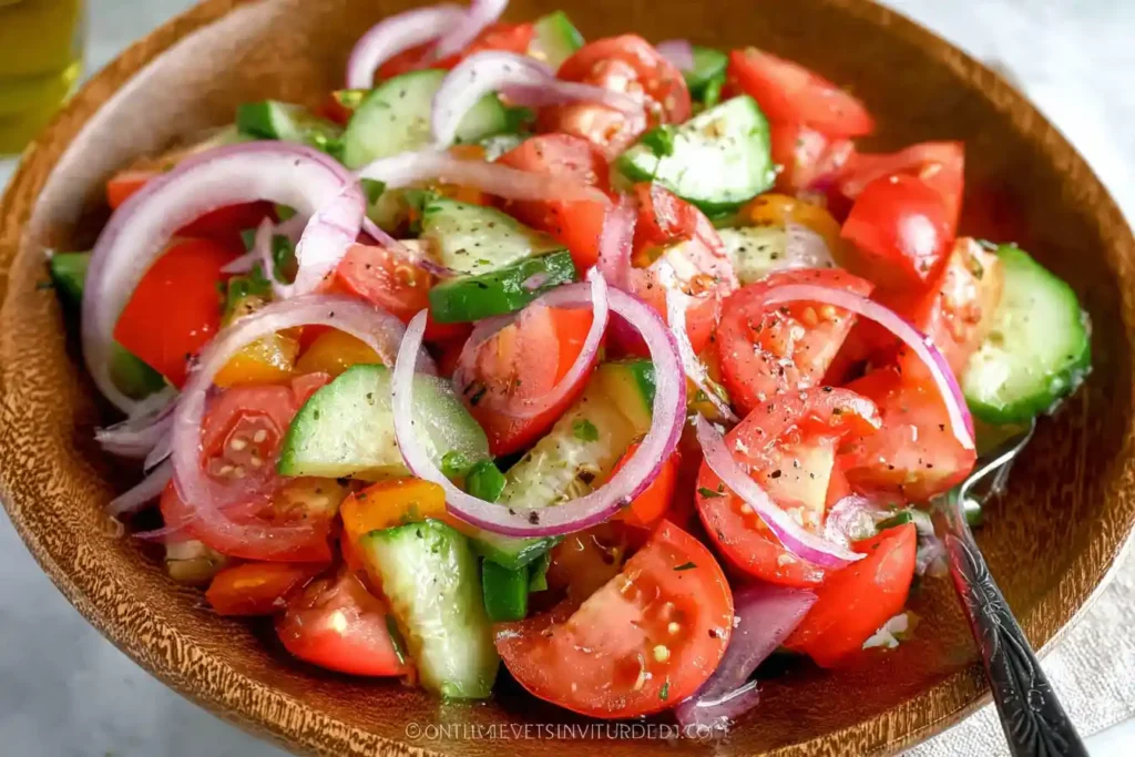 A close-up shot of a vibrant tomato salad, featuring red and yellow cherry tomatoes, fresh basil leaves, and possibly mozzarella.