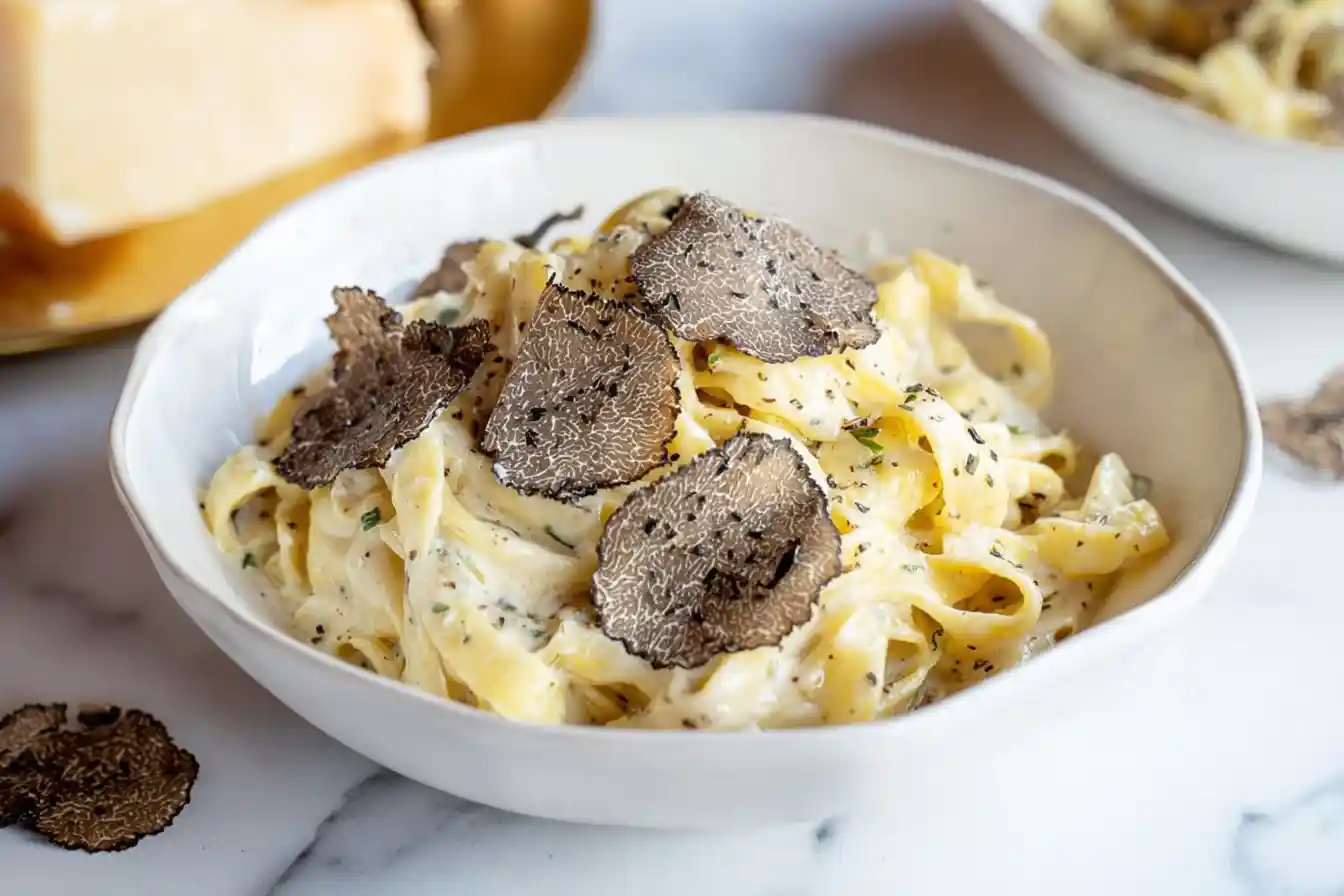 A close-up view of a beautifully plated Truffle Pasta dish, featuring creamy sauce and generous shavings of fresh black truffles.