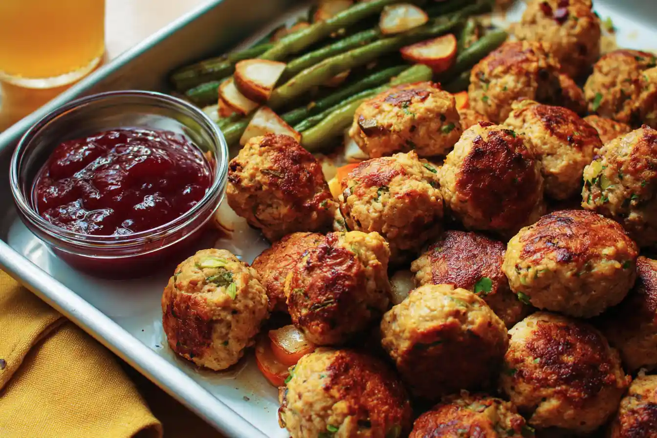 A close-up shot of several golden-brown Turkey and Stuffing Meatballs, garnished with fresh herbs and served on a white plate, ready to be enjoyed.