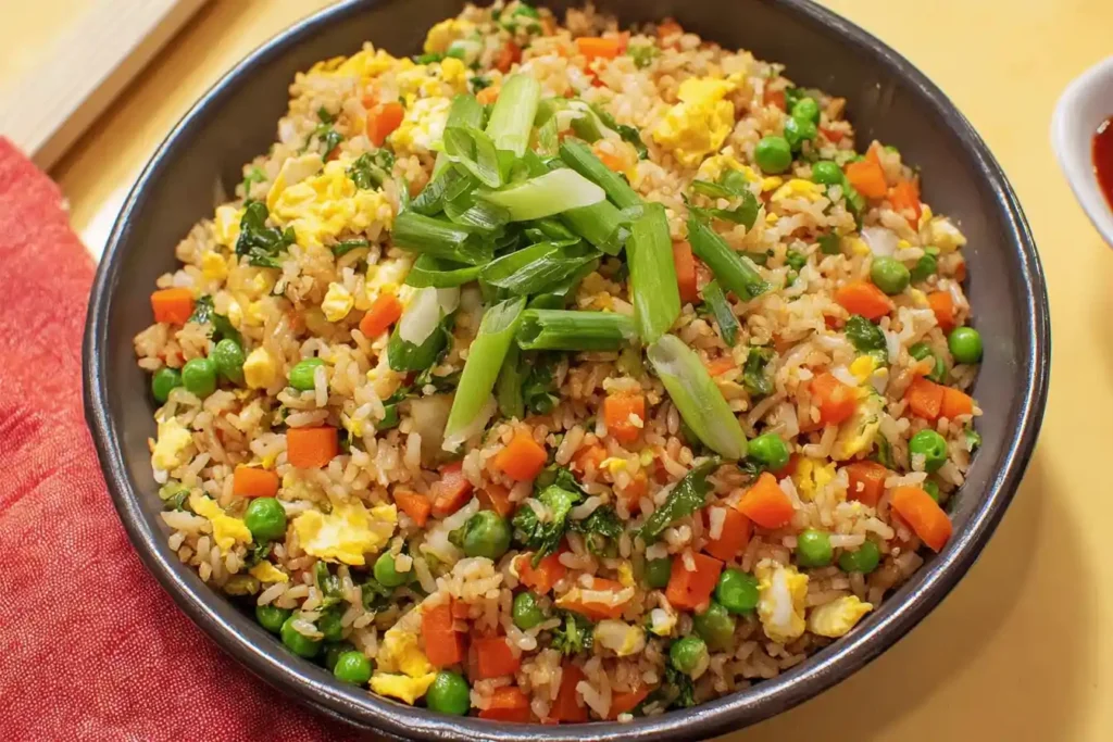 A vibrant plate of freshly prepared Vegetable Fried Rice, generously mixed with colorful vegetables, is presented for serving.