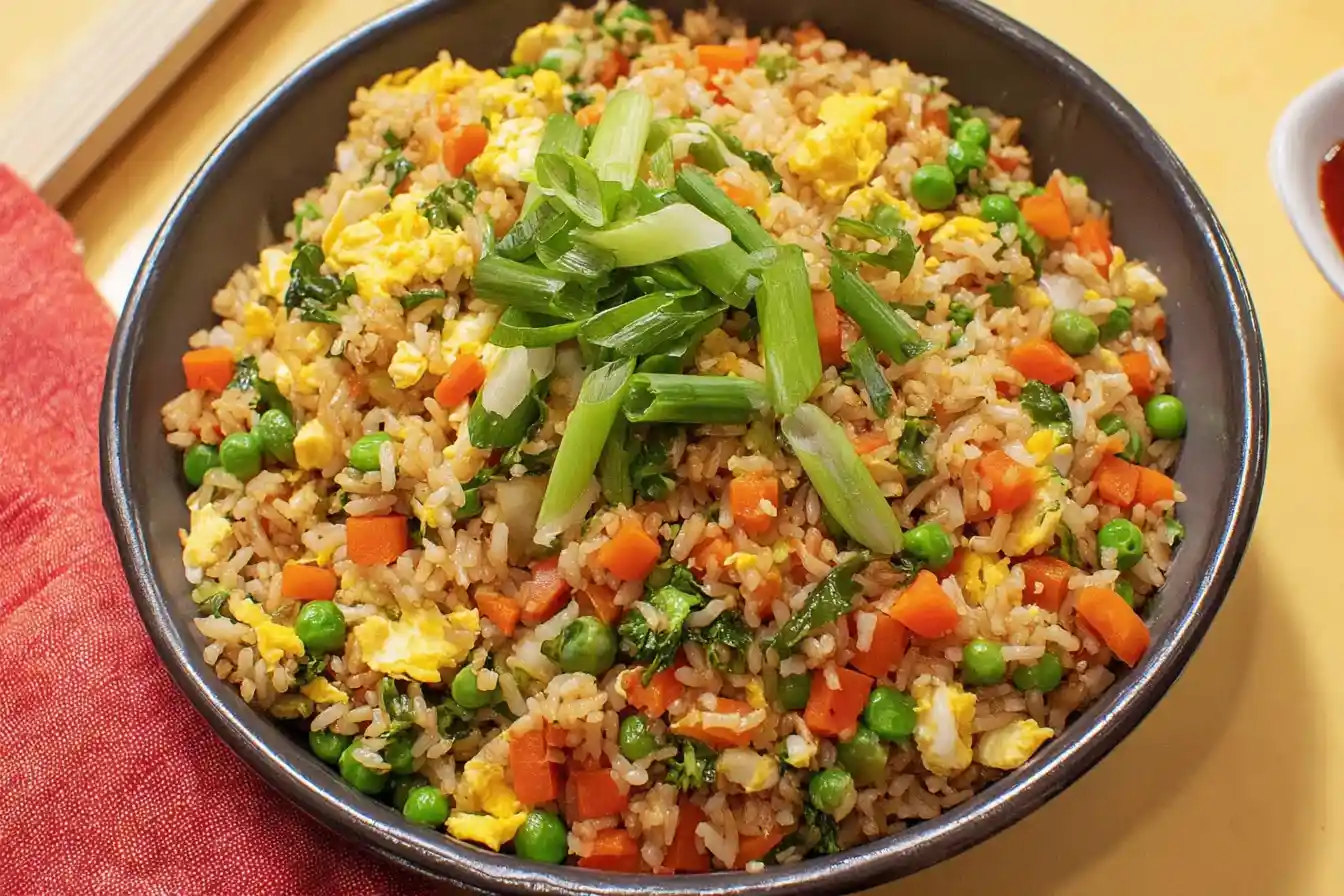 A vibrant plate of freshly prepared Vegetable Fried Rice, generously mixed with colorful vegetables, is presented for serving.