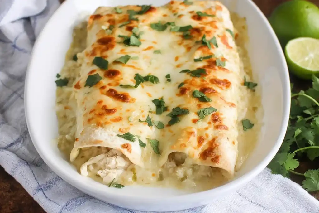 A baking dish filled with golden-brown White Chicken Enchiladas, generously covered in a creamy sauce and topped with fresh cilantro.