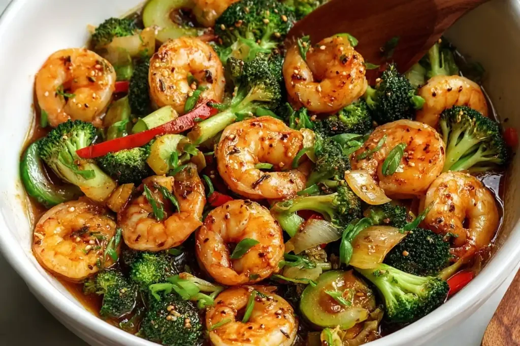 A close-up of a vibrant shrimp and broccoli stir fry in a white bowl, tossed in a savory sauce and garnished with sesame seeds.