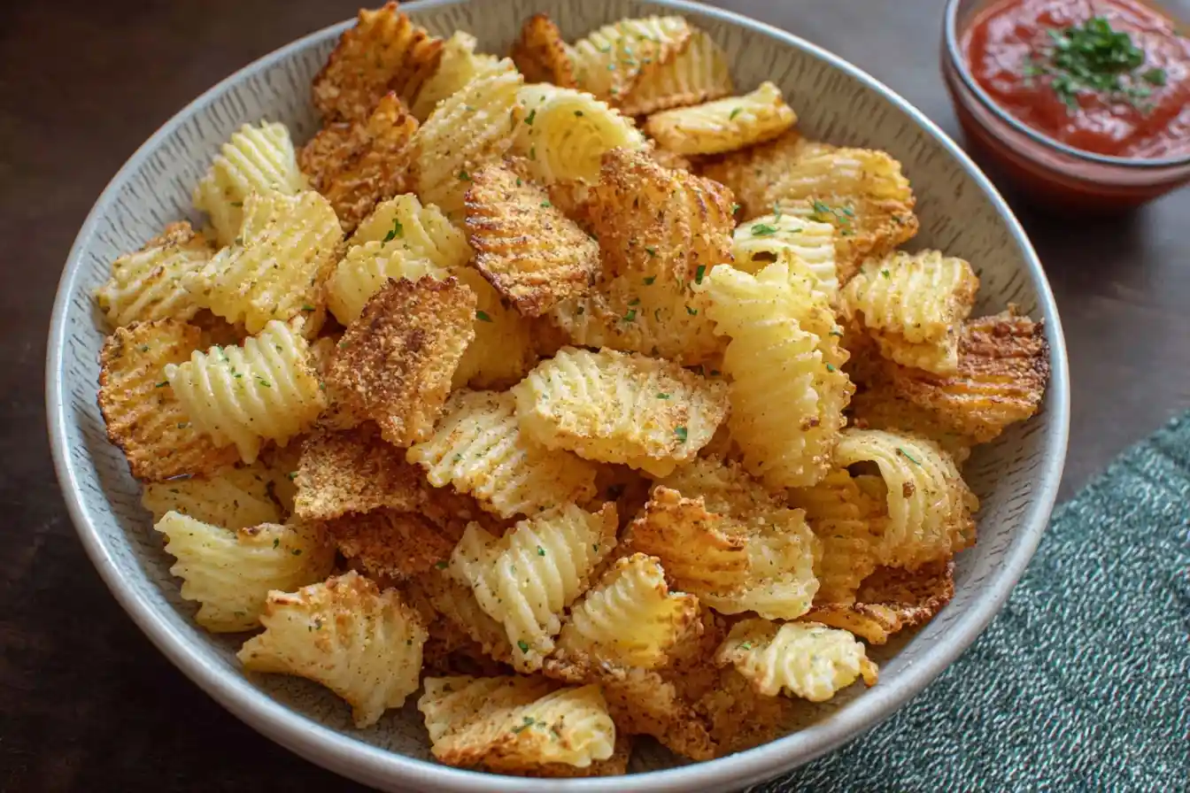 A large grey bowl filled with crispy, golden brown Accordion Potatoes, with a side of dipping sauce.