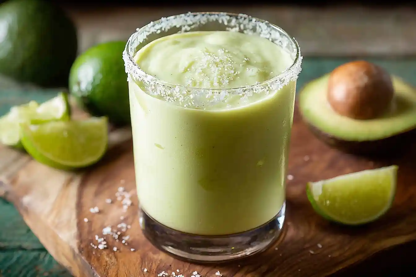A creamy, frozen avocado margarita served in a salt-rimmed glass, garnished with fresh limes and a ripe avocado.