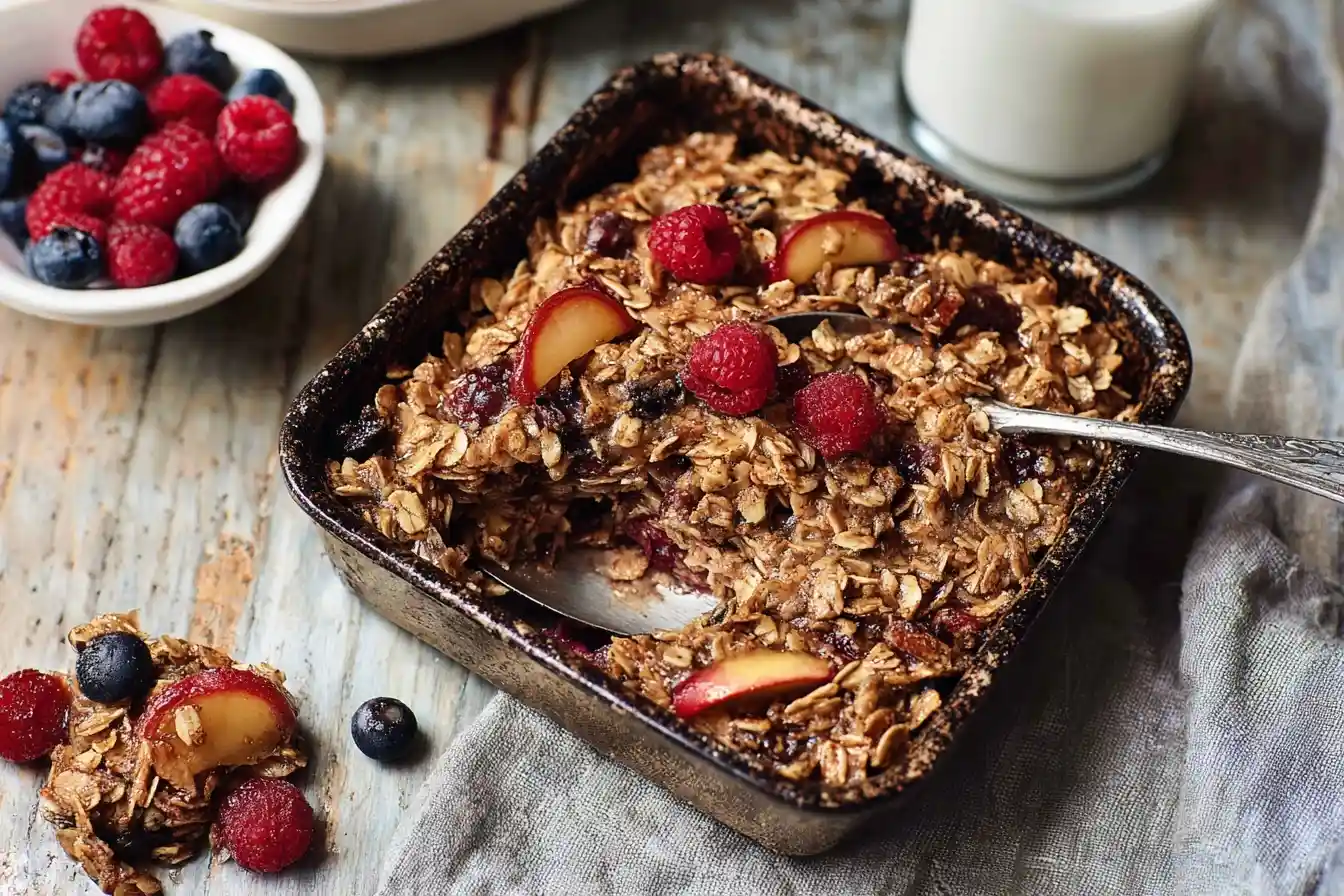 A rustic square baking dish of berry baked oatmeal with a scoop taken out, served with fresh fruit and milk.