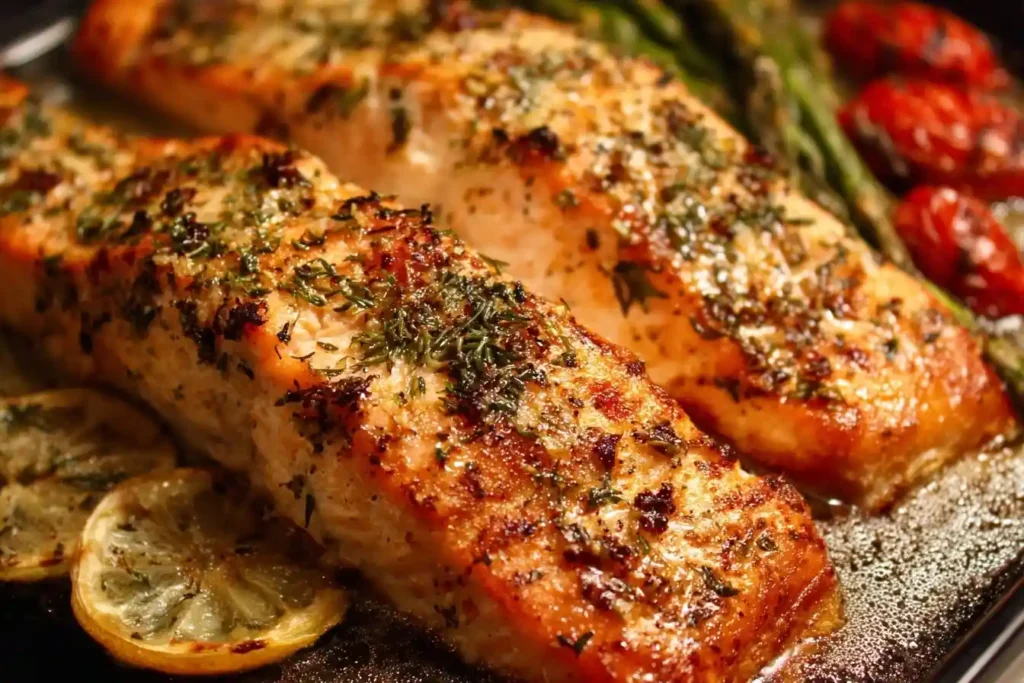A close-up shot of two herb-crusted salmon fillets from a baked salmon recipe, resting on a pan with roasted lemons and asparagus.