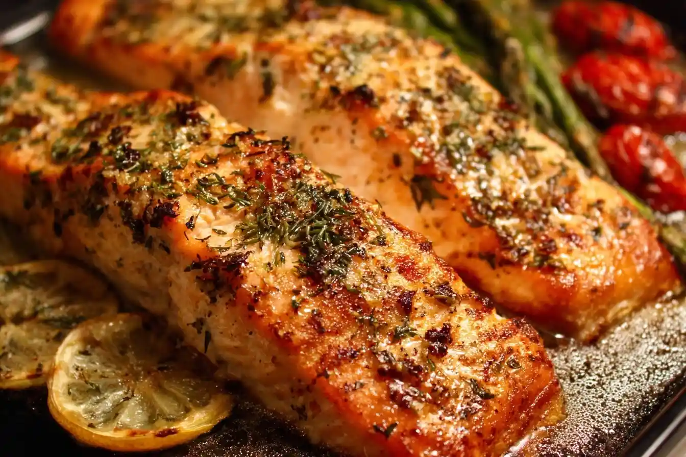 A close-up shot of two herb-crusted salmon fillets from a baked salmon recipe, resting on a pan with roasted lemons and asparagus.