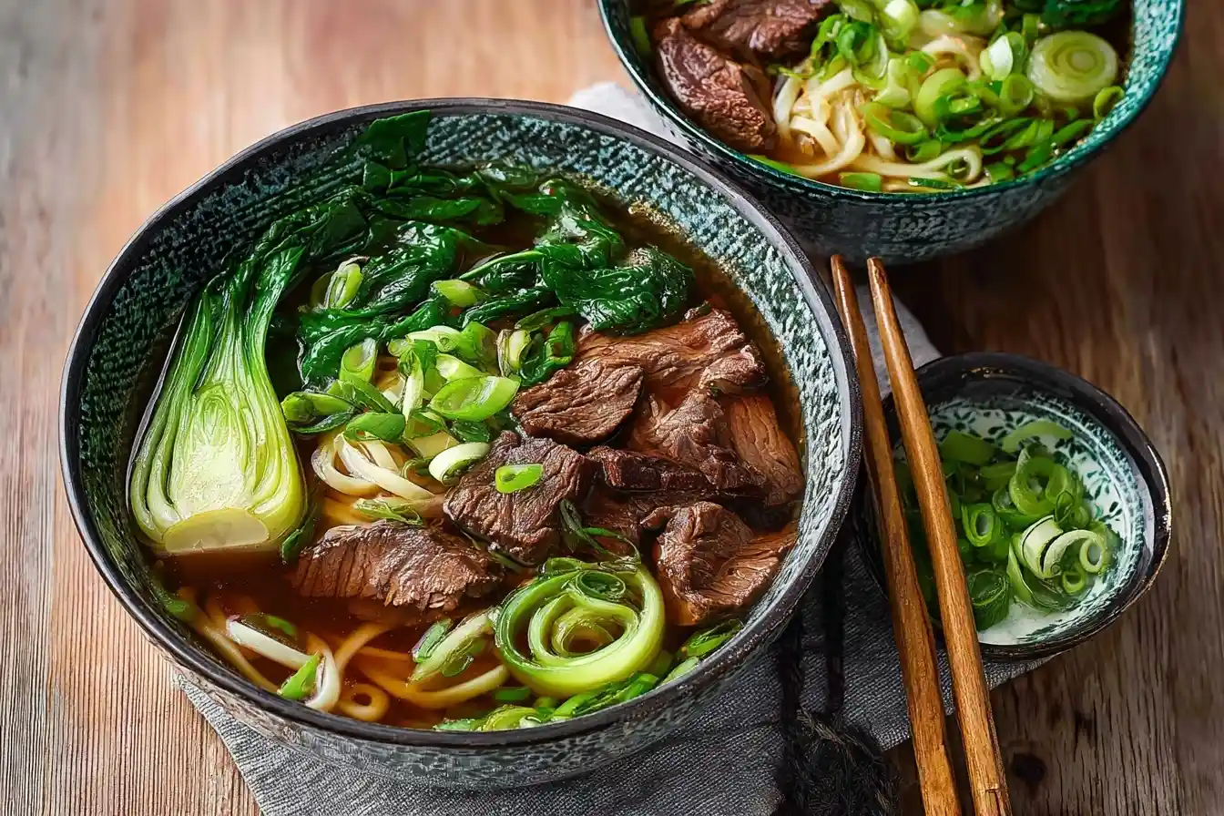 A close-up shot of a steaming bowl of beef noodle soup with bok choy, tender beef, and sliced green onions.