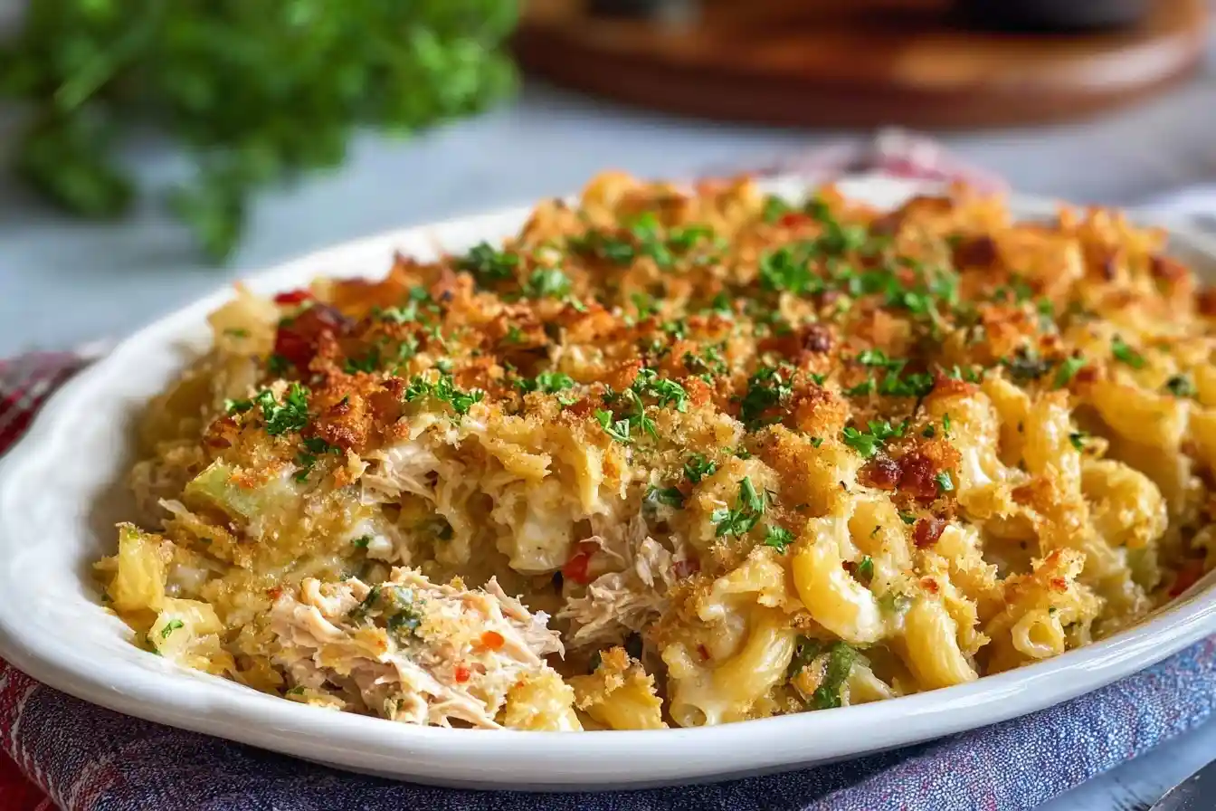 A close-up of a creamy baked Tuna Casserole in a white dish, topped with golden breadcrumbs and fresh parsley.