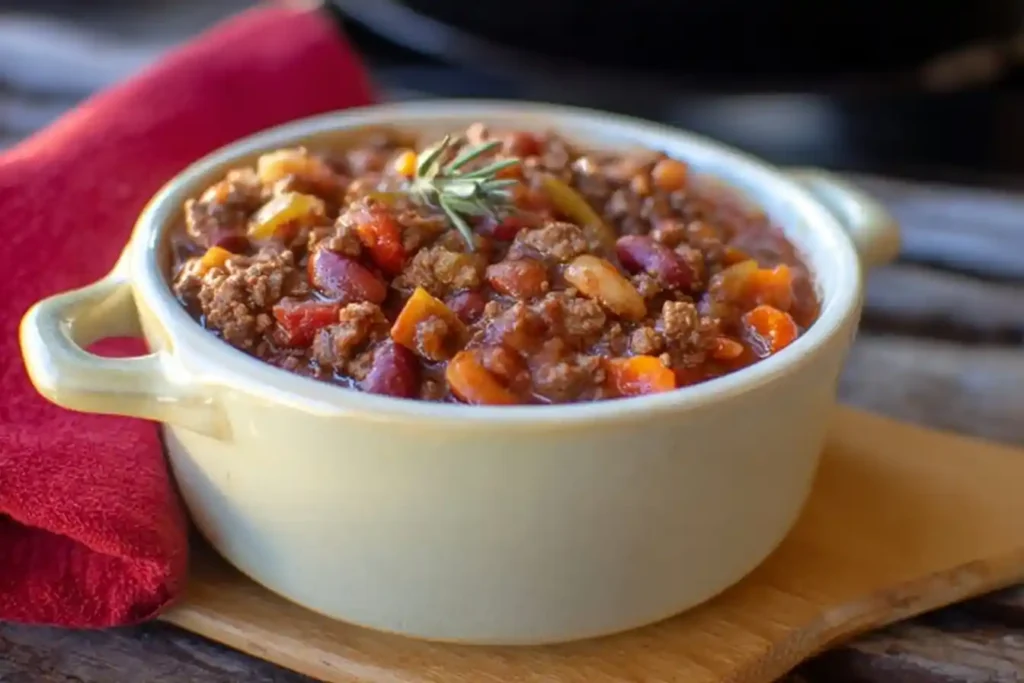 A close-up of a warm bowl filled with a hearty {{ $('Fetch Recipe Data').first().json["Main Keyword"] }}, garnished with a sprig of rosemary.