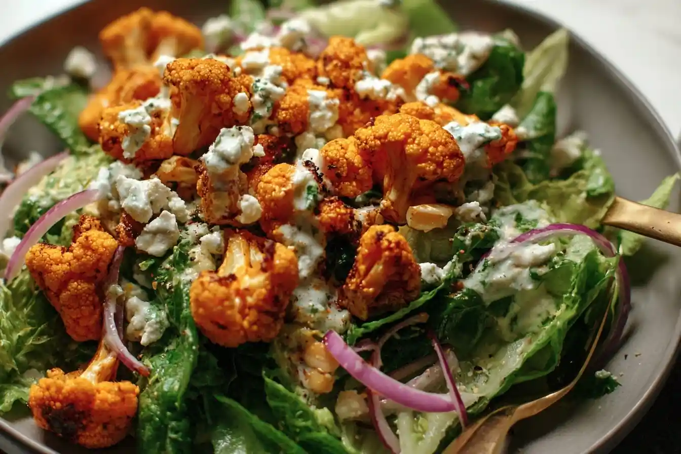 A close-up of a Buffalo Cauliflower Salad with roasted orange cauliflower, blue cheese, and red onions in a grey bowl.