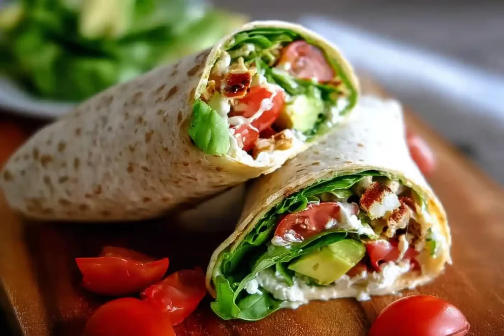 A fresh chicken bacon avocado wrap cut in half, showcasing lettuce, tomato, and creamy dressing on a wooden board.