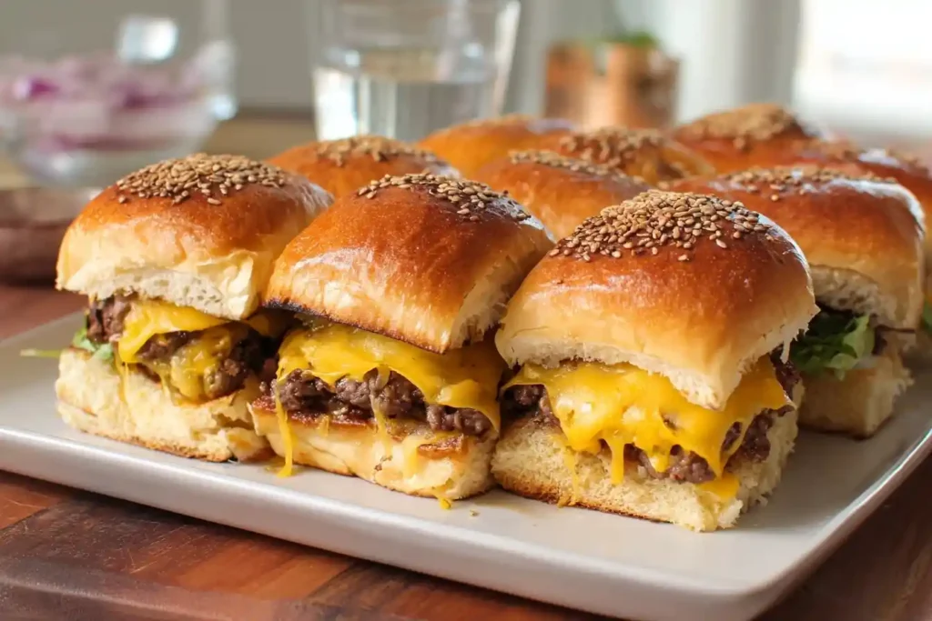 A platter of pull-apart cheeseburger sliders with melted cheese and sesame seed buns, ready to be served at a party.