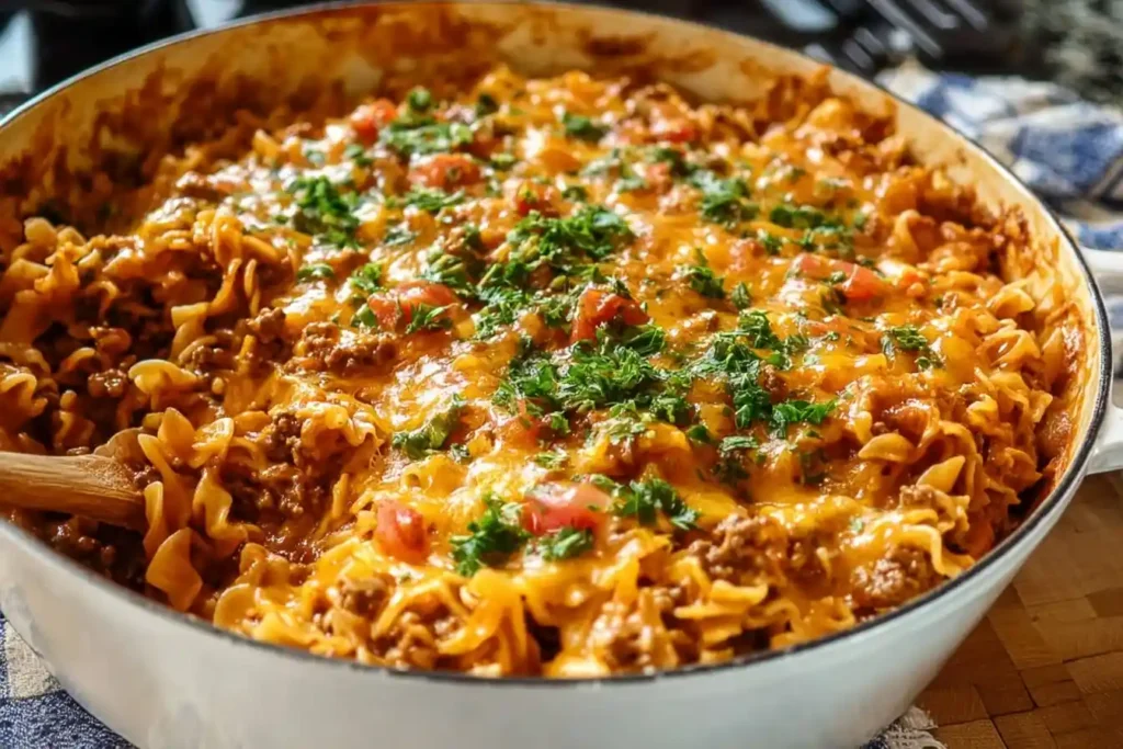 A close-up of a skillet filled with a Cheesy Beef Noodle Casserole, topped with melted cheese, tomatoes, and fresh parsley.
